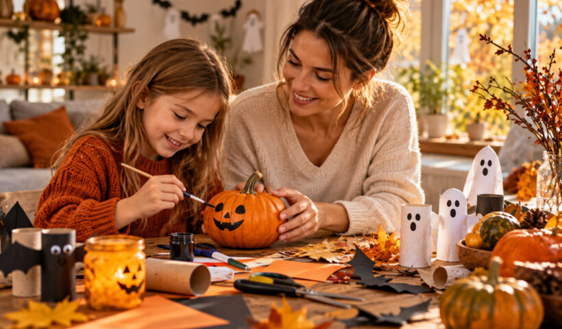 Édesanya és kislánya közösen festenek sütőtököt, körülöttük házilag készített halloweeni dekorációk