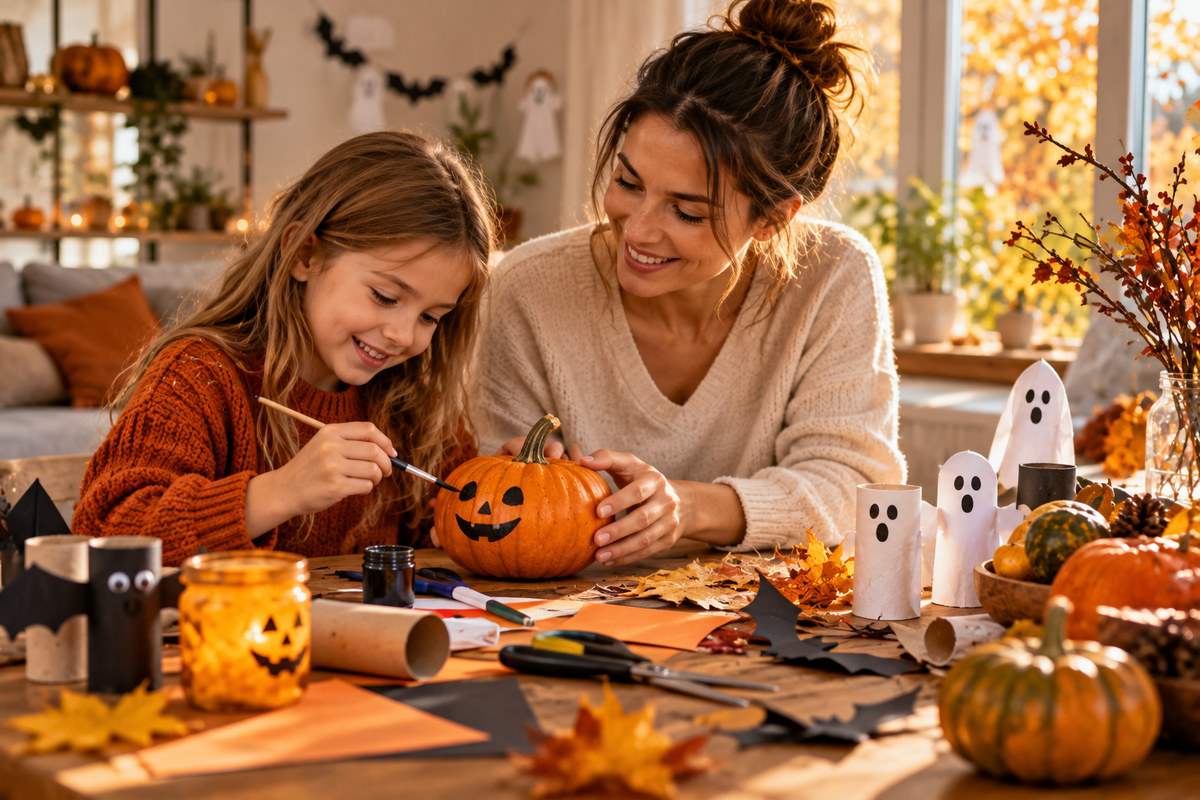 Édesanya és kislánya közösen festenek sütőtököt, körülöttük házilag készített halloweeni dekorációk